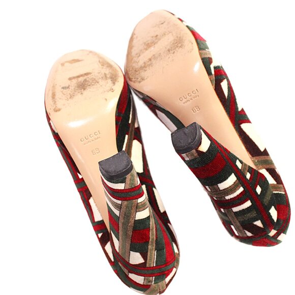 Gucci Velvet Geometric Cream Maroon Green Signed Platform Pumps, Size 6 - Picture 9 of 11